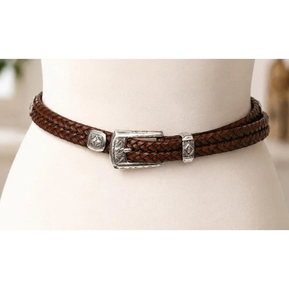 Brighton Brown Braided Leather‎ Belt Silver Engraved Buckle Southwestern Size 32